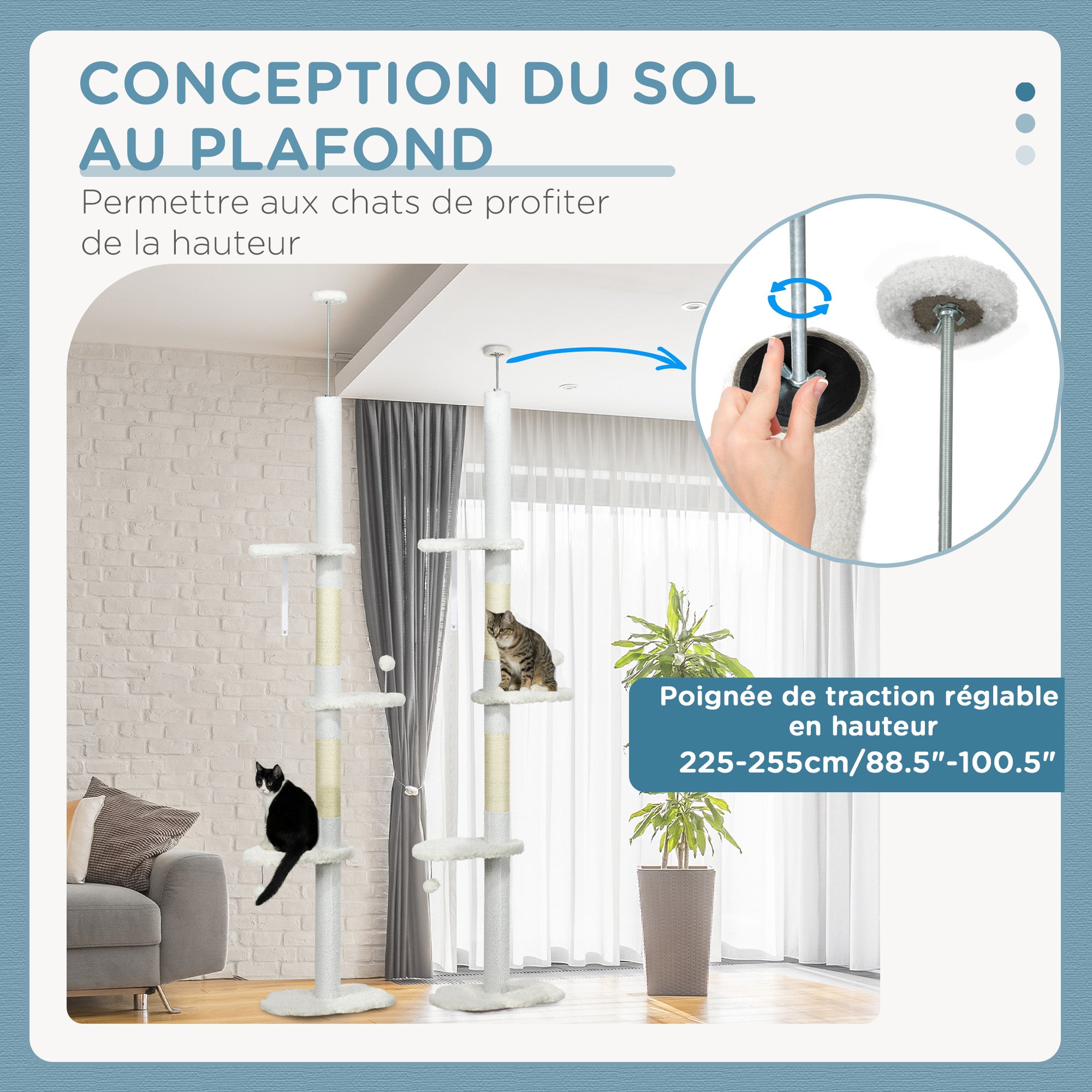Arbre à chat 225-255 cm réglable en hauteur Tour pour chat 3 griffoirs et 2 balles 48x32x225-255 cm blanc