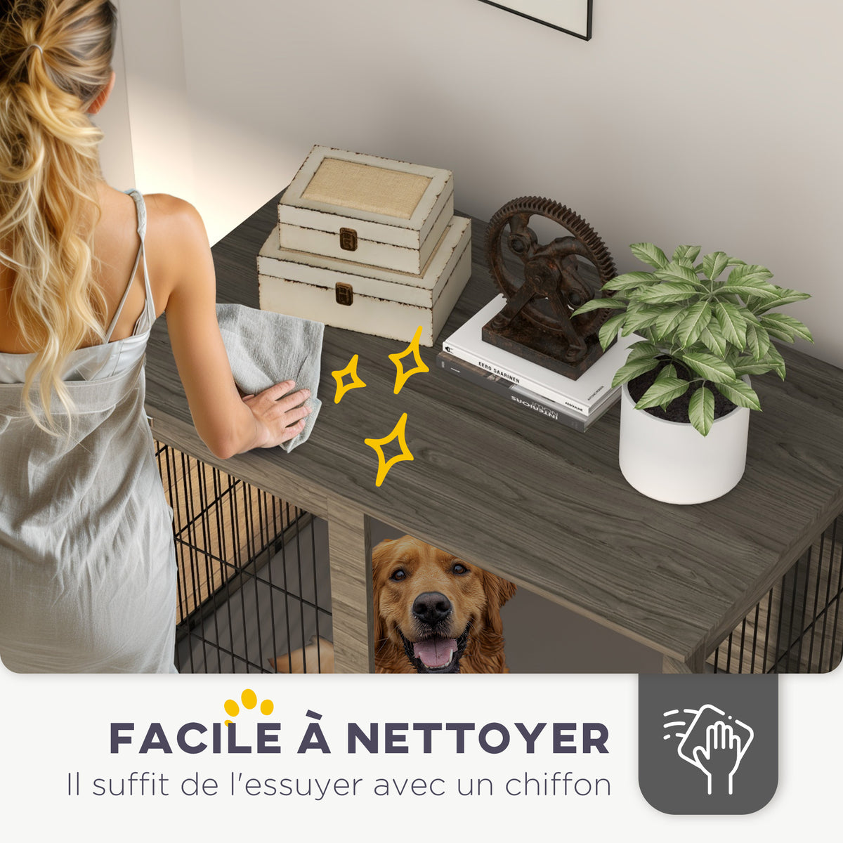 Cage pour chien 2 en 1 table d'appoint avec coussin en peluche déhoussable porte verrouillable 100 x 60 x 73,5 cm gris