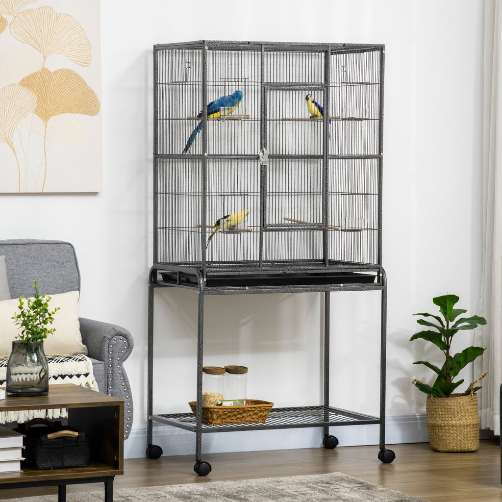 Cage à Oiseaux Portable avec 4 Mangeoires et 4 Perchoirs Pratique 77 x 47 x 163 cm Noir et Gris