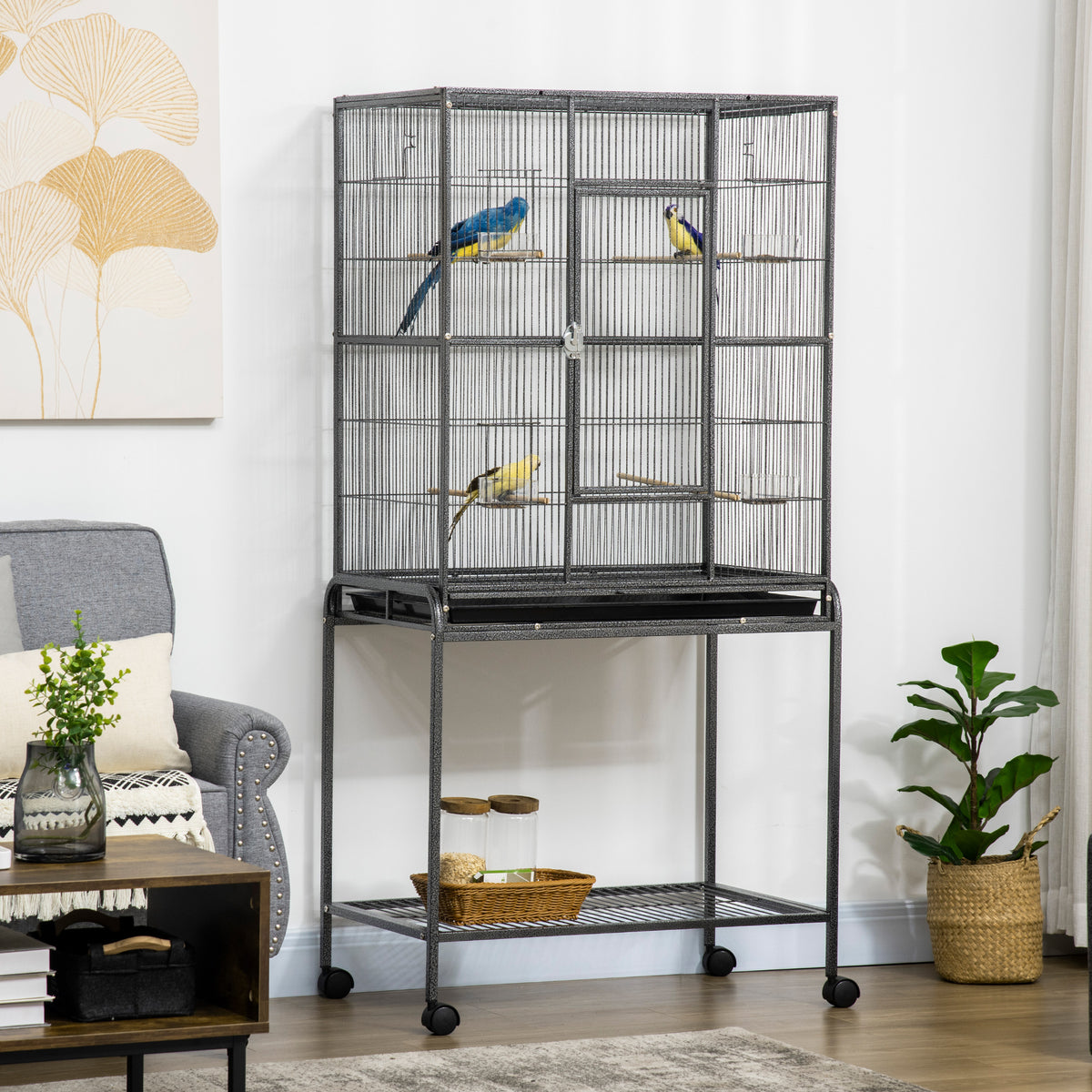 Cage à Oiseaux Portable avec 4 Mangeoires et 4 Perchoirs Pratique 77 x 47 x 163 cm Noir et Gris