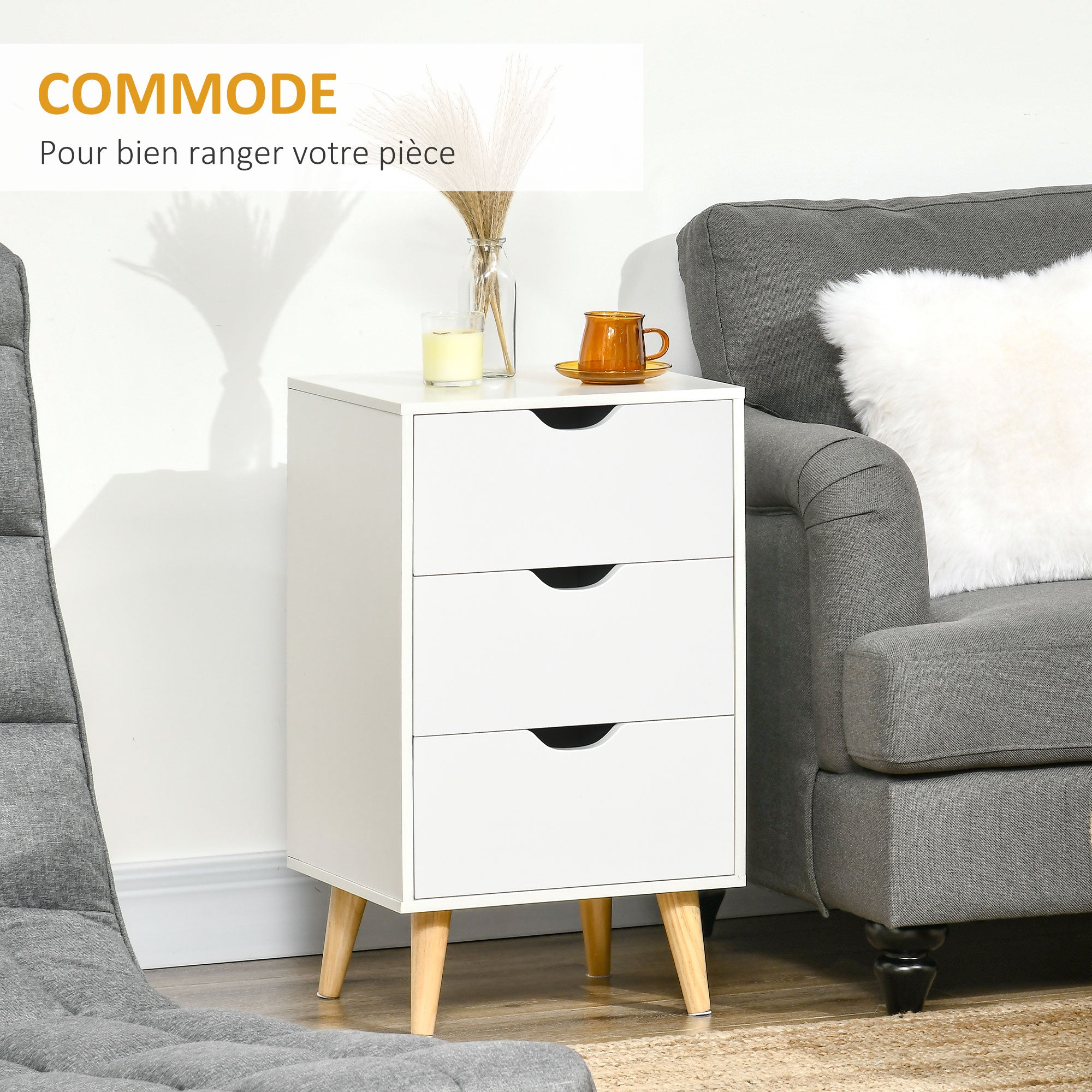 Table de chevet table de nuit avec 3 tiroirs, style scandinave pour chambre à coucher, salon, 40 x 35 x 68,5 cm, blanc