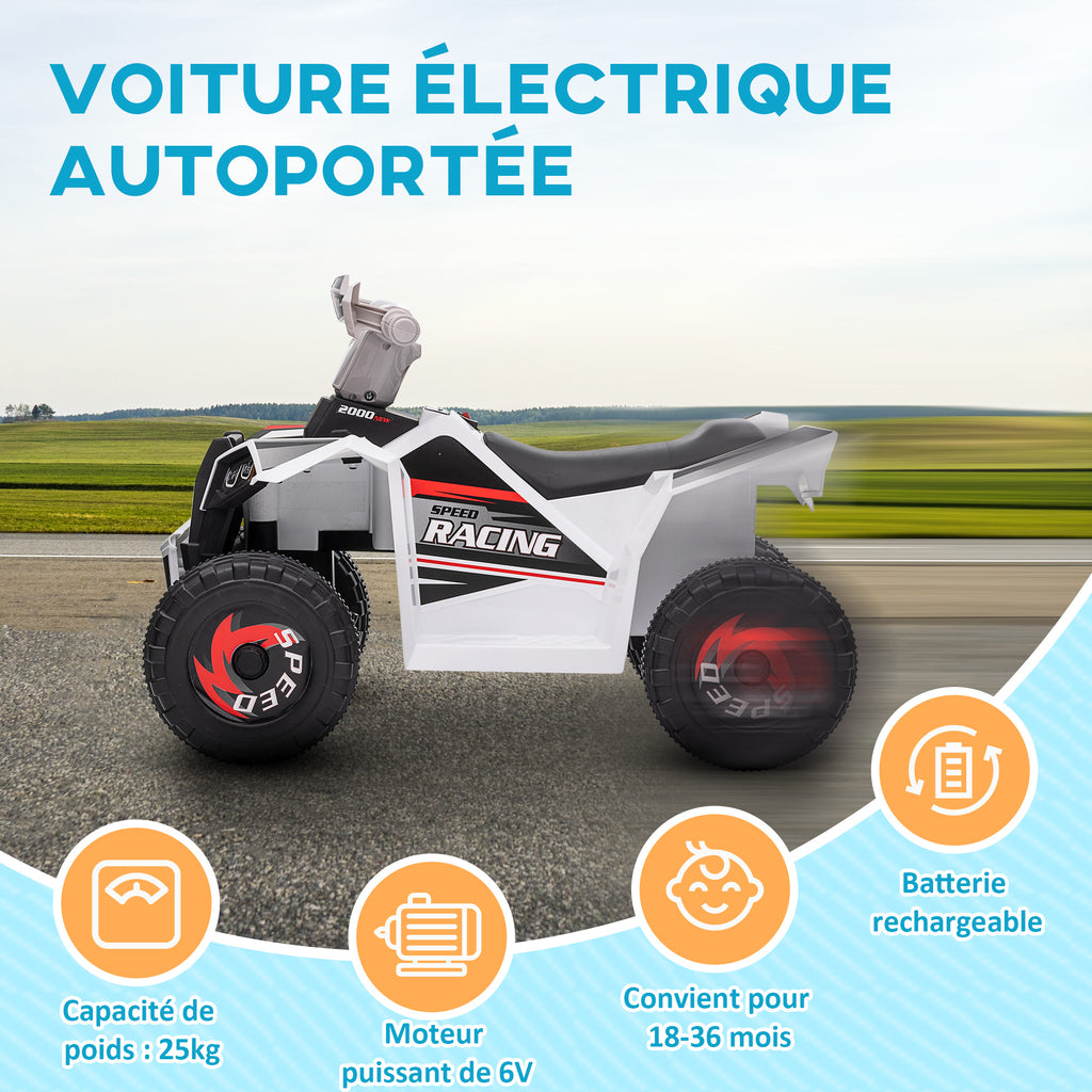 Quad électrique pour enfants véhicule à batterie 6V avec marche avant et arrière 70L x 41,5l x 48,5H cm Blanc