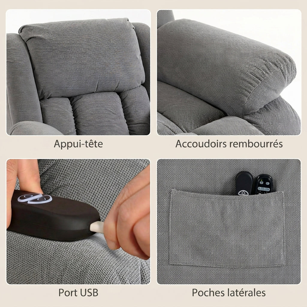Fauteuil releveur électrique massage et chauffage avec repose-pied, dossier inclinable, télécommande et poche latérale