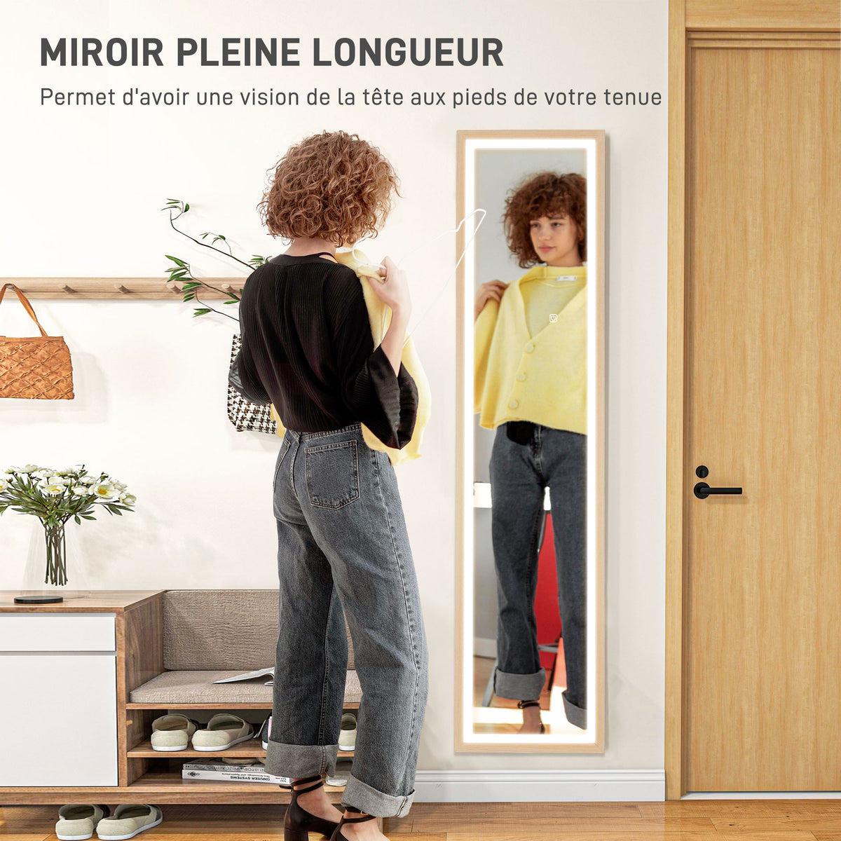 Grand miroir pleine longueur, miroir mural ou sur pied rectangulaire, 40 x 160 cm avec éclairage LED 3 couleurs, chêne