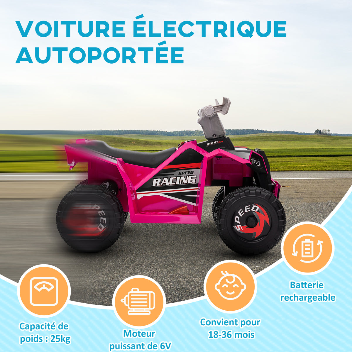 Quad électrique pour enfants véhicule à batterie 6V avec marche avant et arrière 70L x 41,5l x 48,5H cm Rose