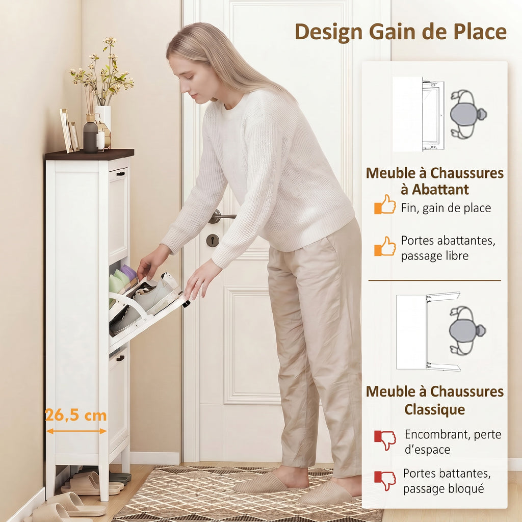 Meuble à chaussures 18 paires, armoire à chaussures étroite avec 3 tiroirs rabattables et étagères réglables, blanc