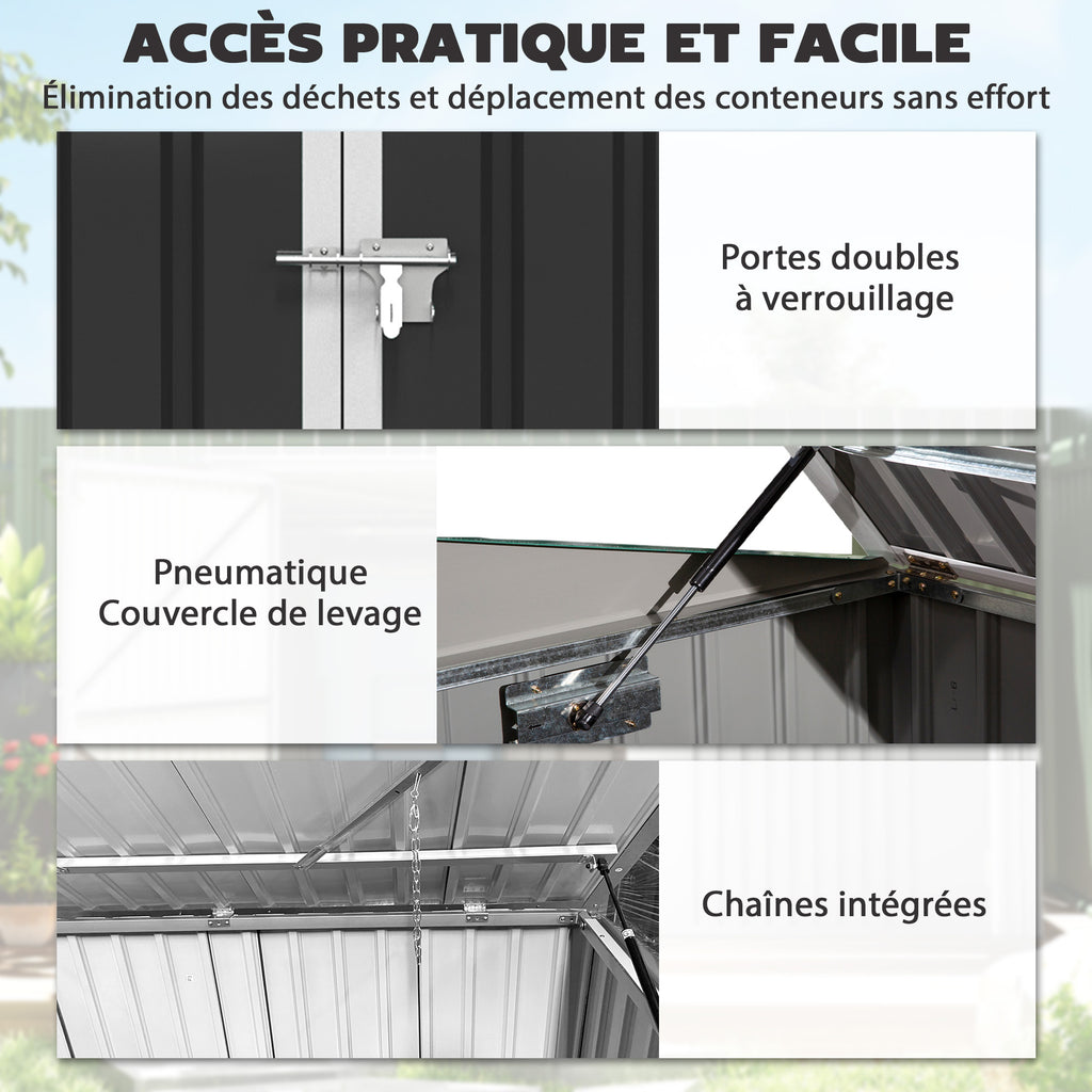 Cache Poubelle Double Abri de Jardin 2 Poubelles de 240L Couvercle Lié par Chaînes Vérins à Gaz 179,5x108x129,5cm Gris