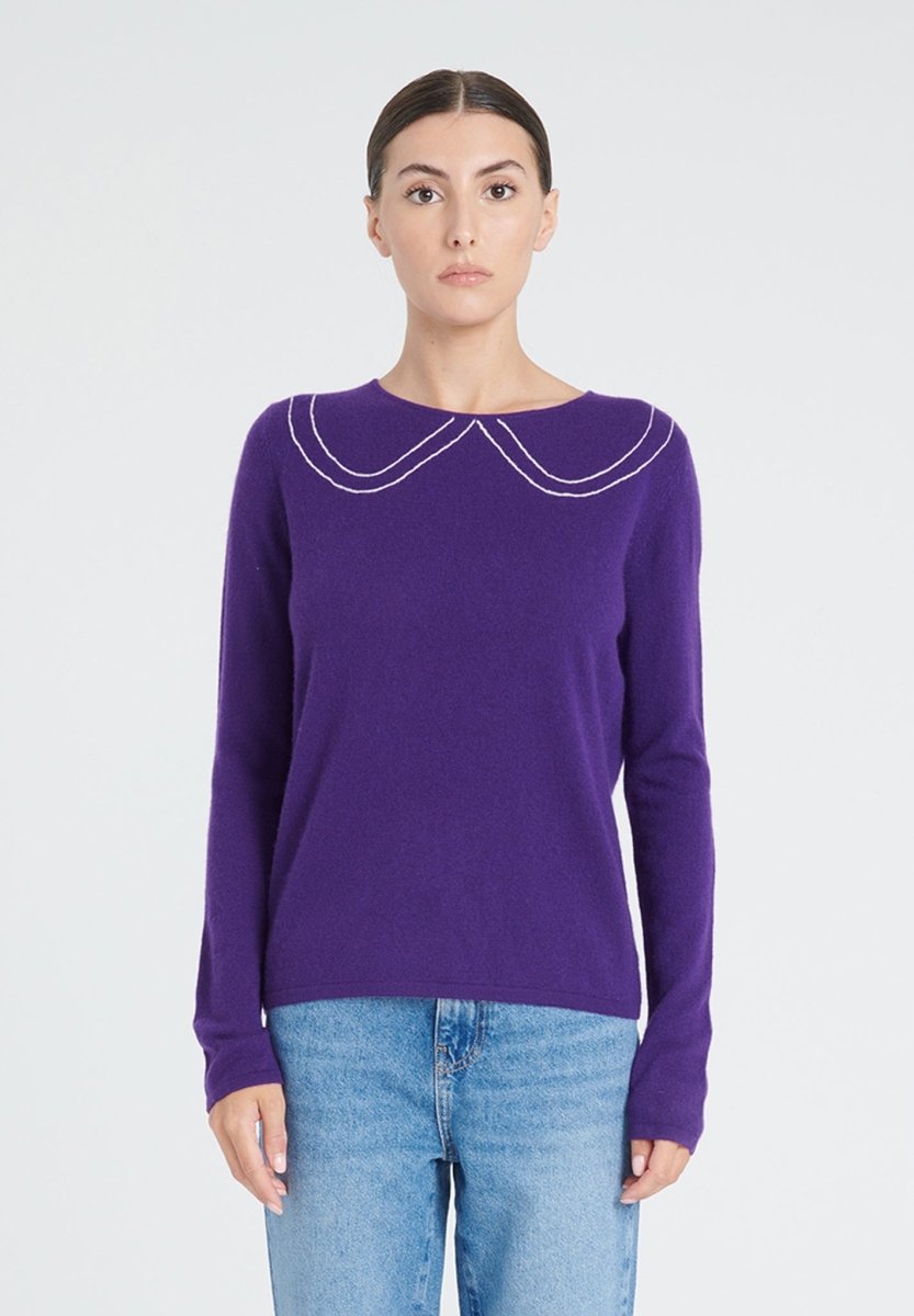 Pull col rond femme en cachemire violet & blanc écru - ZAYA 11