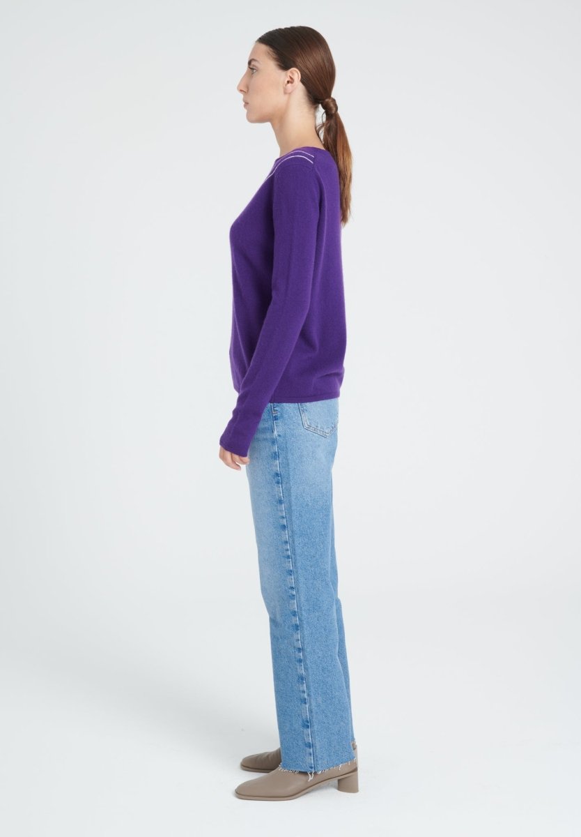 Pull col rond femme en cachemire violet & blanc écru - ZAYA 11