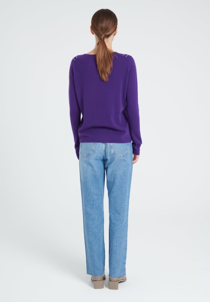 Pull col rond femme en cachemire violet & blanc écru - ZAYA 11