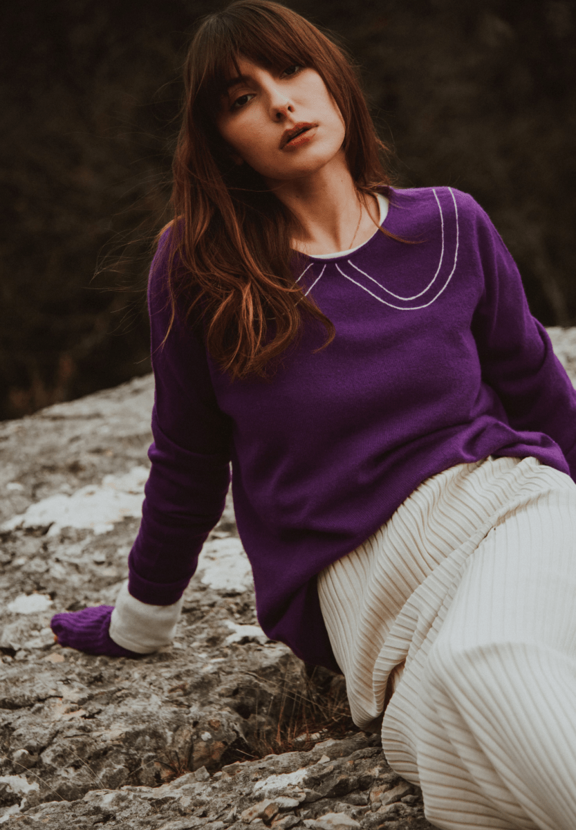 Pull col rond femme en cachemire violet & blanc écru - ZAYA 11