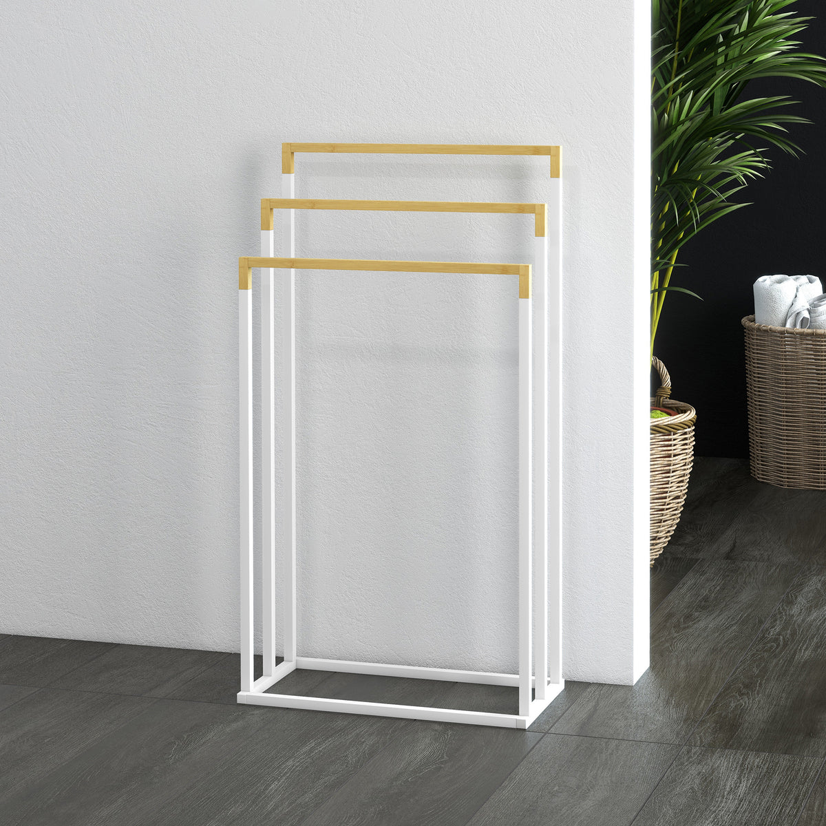 Porte-serviettes en bambou et acier sur pieds avec 3 barres support pour serviette 45 x 22,5 x 86 cm blanc et naturel